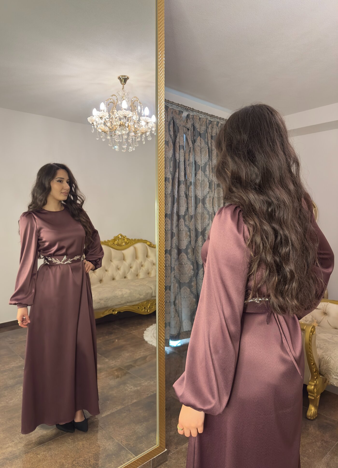 Dusty rose satin dress, front and back view